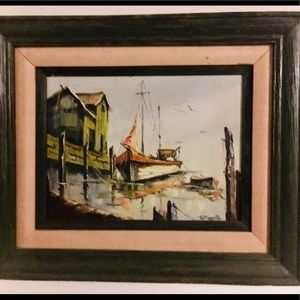 Vintage Oil painting of docked boat - signed